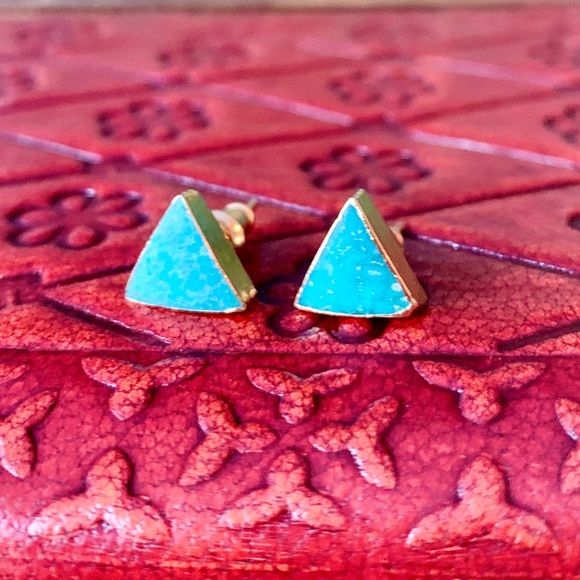 Genuine Turquoise 14k Plated Gold Triangle Studs - Picture 2 of 8
